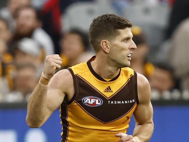 MELBOURNE, AUSTRALIA - APRIL 30: Luke Breust of the Hawks celebrates a goal during the round seven AFL match between the Melbourne Demons and the Hawthorn Hawks at Melbourne Cricket Ground on April 30, 2022 in Melbourne, Australia. (Photo by Darrian Traynor/AFL Photos/Getty Images)