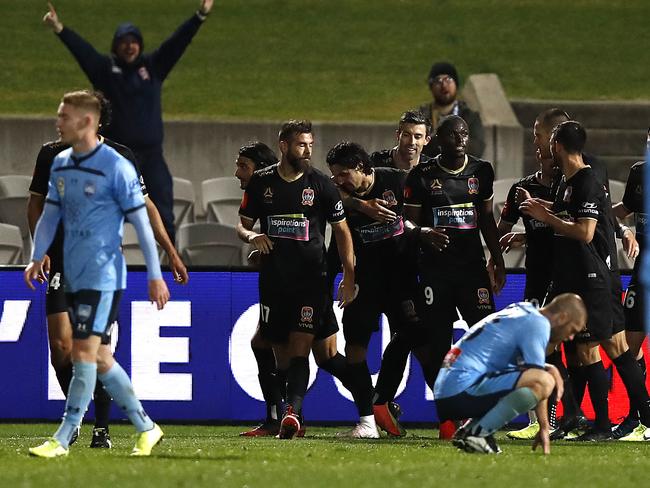 SYDNEY, AUSTRALIA - JULY 21: Kosta Petratos of the Jets celebrates after scoring his teams second goal during the round 21 A-League match between Sydney FC and the Newcastle Jets at Netstrata Jubilee Stadium on July 21, 2020 in Sydney, Australia. (Photo by Ryan Pierse/Getty Images)