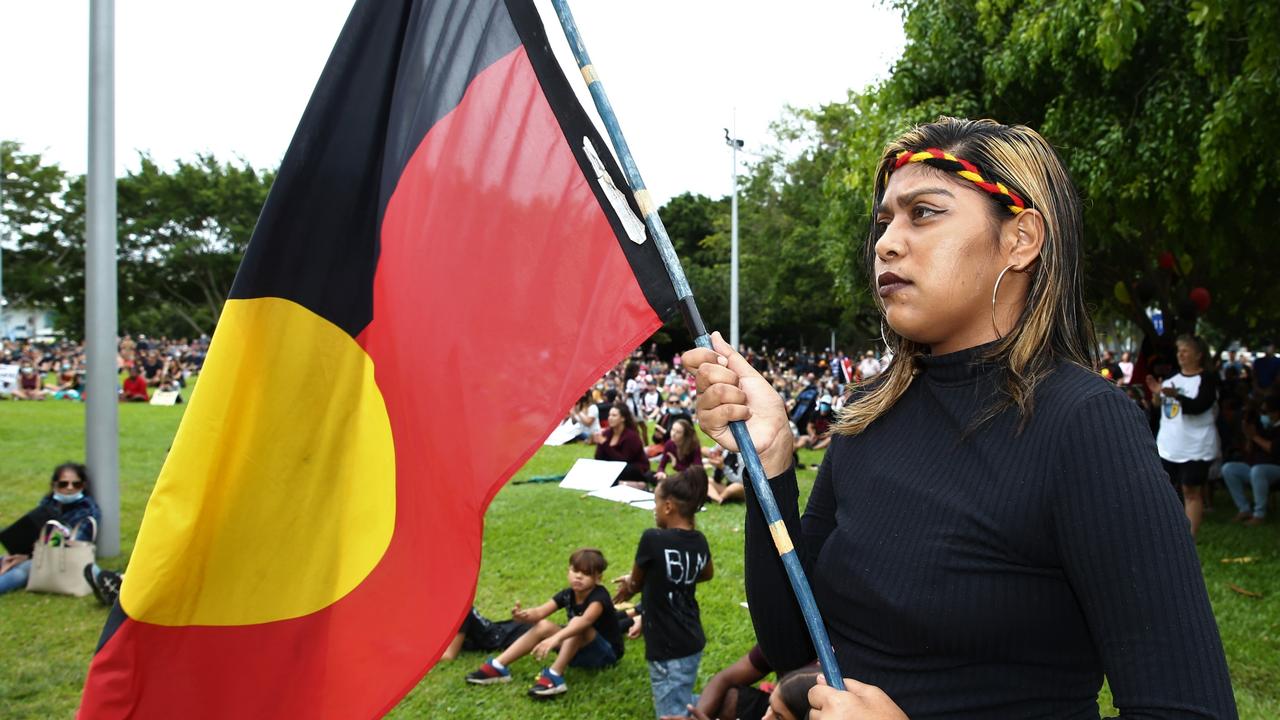 Djarracarne Neal leads the Black Lives Matter protest in Fogarty Park. Picture: PETER CARRUTHERS