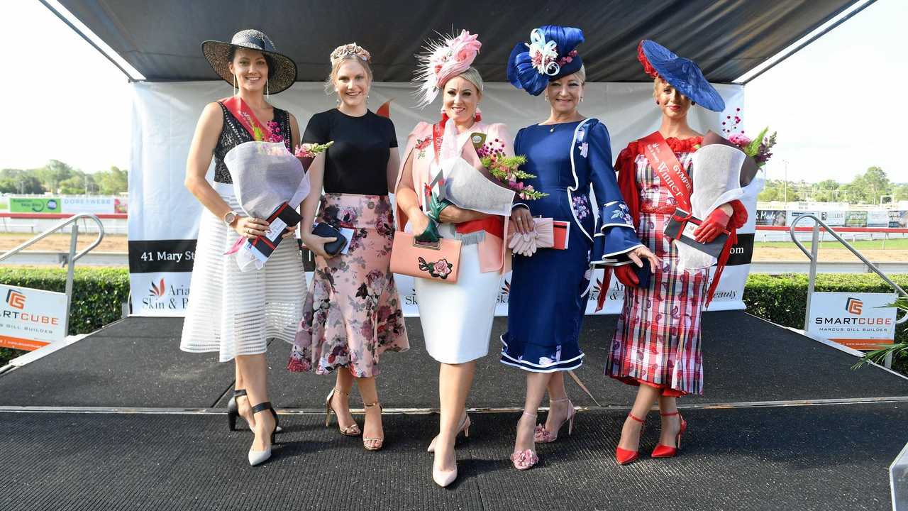 Fashions on the field - from left winner contemporary Steph Brown, runner-up contemporary Darcy Maguire, winner best headware Renee Priem, classic runner-up Kellie Mahlstedt and winner classic Rebecca Jane. Picture: Troy Jegers