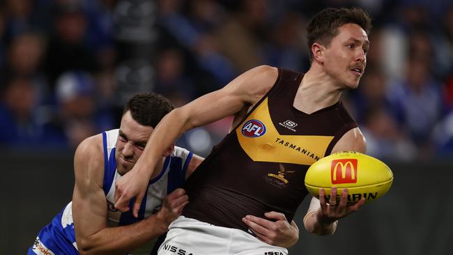 Fergus Greene, playing for Hawthorn last year, kicked nine goals for Sandhurst on Saturday. Photo by Michael Klein.