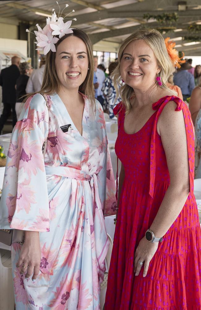 Chantal Jones (left) and Amanda Pierce at Warwick Cup race day at Allman Park Racecourse, Saturday, October 14, 2023. Picture: Kevin Farmer