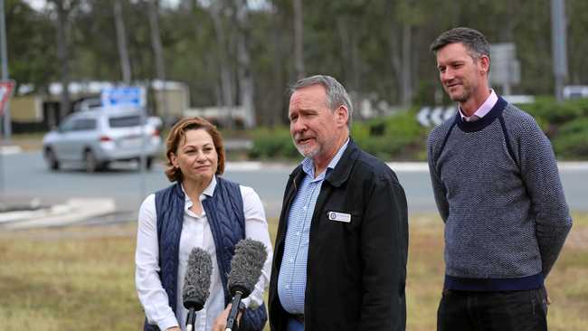 Treasurer and Deputy Premier Jackie Trad, Minister for Main Roads and Transport Mark Bailey and Ipswich West MP Jim Madden at a recent Warrego Hwy funding announcement. Picture: Contributed