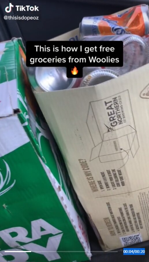 He collected bags full of cans and bottles and took them to a Reverse Vending Machine linked to Woolies. Picture: TikTok/thisisdopeoz