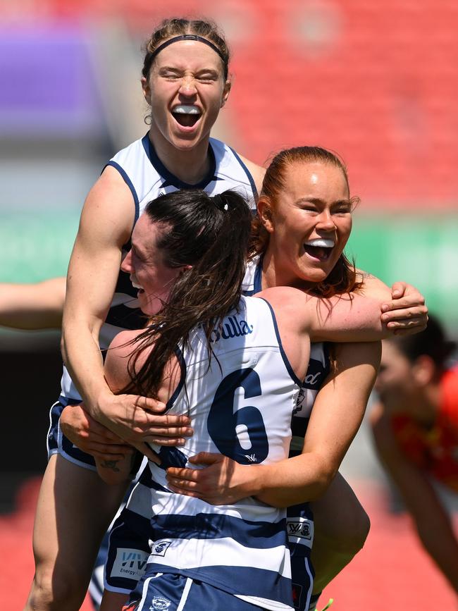 Kate Kenny (right) celebrates a goal with teammates earlier this season. Picture: Matt Roberts/Getty Images