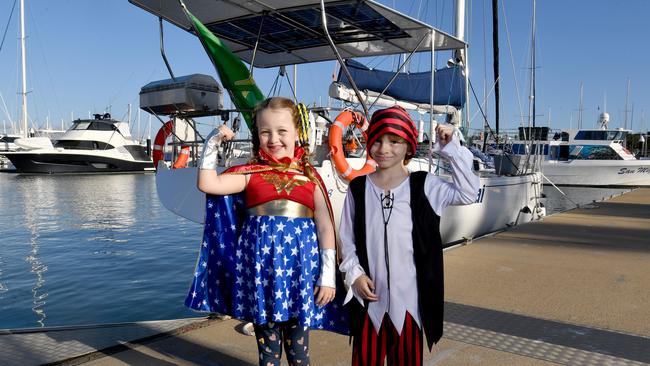 Superhero Sunset Sail at Breakwater Marina. Superheros Kaitlyn McDonald, 8, and Phillip Plant, 7. Picture: Evan Morgan