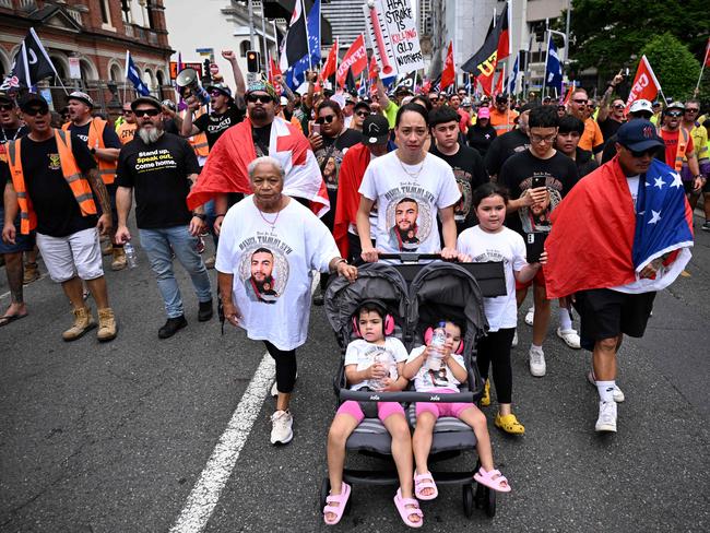 BRISBANE, AUSTRALIA - NewsWire Photos - FEBRUARY 15, 2024.The family of deceased Cross River Rail Worker Daniel SaÃu, his wife Jeraldine and daughters Clover and Thira, take part in a workersÃ union rally in Brisbane. Picture: Dan Peled / NCA NewsWire