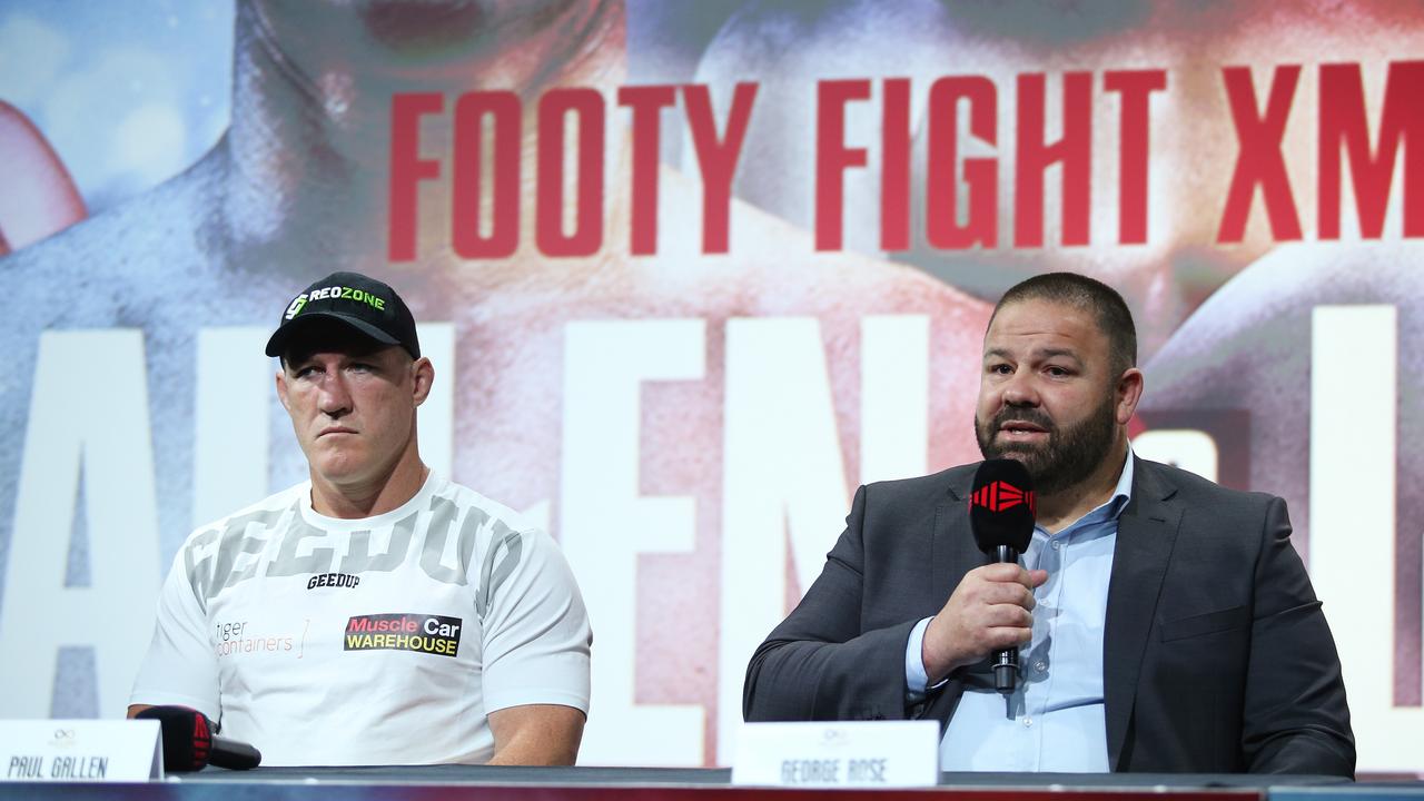 No Limit promoter George Rose sits next to Paul Gallen during the press conference for the upcoming bout. Picture: No Limit Boxing / Brett Costello