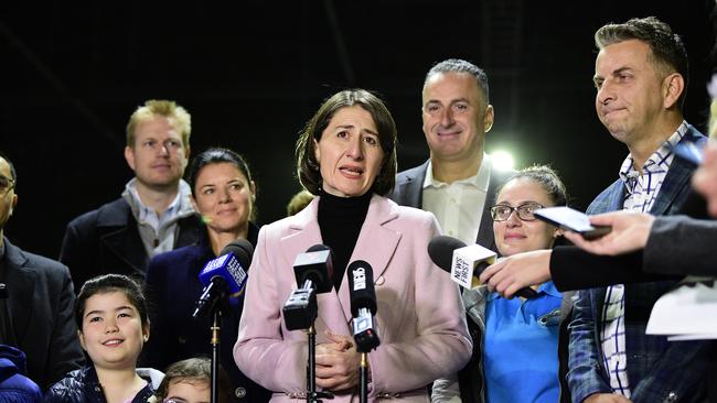 NSW Premier Gladys Berejiklian speaks to the media during a press conference in the new M4 WestConnex tunnels in Homebush, yesterday. Picture: AAP