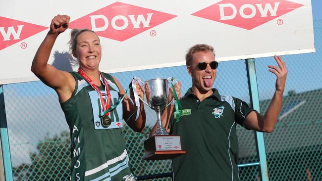 Geelong Amateurs celebrate their premiership win – captain Keisha Guilmartin and coach Riley Richardson. Picture: Alan Barber