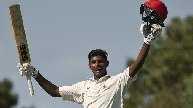 Ashley Chandrasinghe celebrating his century on 1XI debut for Casey South Melbourne.