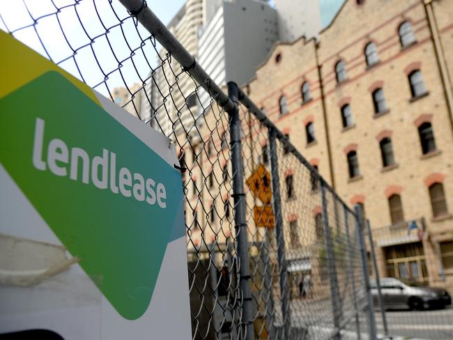 A Lendlease logo is seen on temporary fencing in Sydney's CBD on Sunday, February 24, 2019. The construction company will release its half yearly results on Monday. (AAP Image/Jeremy Piper) NO ARCHIVING