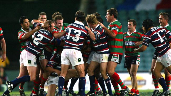 No love lost: Sydney Roosters and South Sydney have a long history when it comes to bad blood. Here a fight breaks out in 2004. Picture: AAP