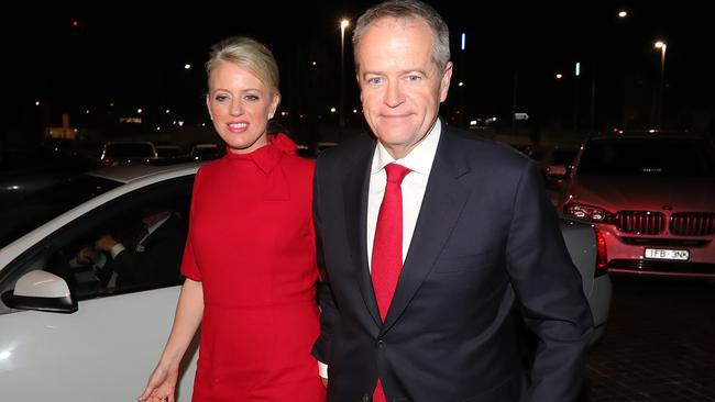 The Opposition Leader arrives at the ALP election night function in Melbourne with wife Chloe. Picture: Stuart McEvoy