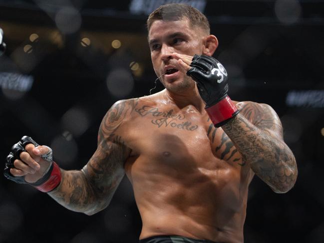 SALT LAKE CITY, UT - JULY 29:  Dustin Poirier sets to punch against  Justin Gaethje during their Lightweight fight at UFC 291 at the Delta Center July 29, 2023 at the  in Salt Lake City, Utah. (Photo by Chris Gardner/Getty Images)