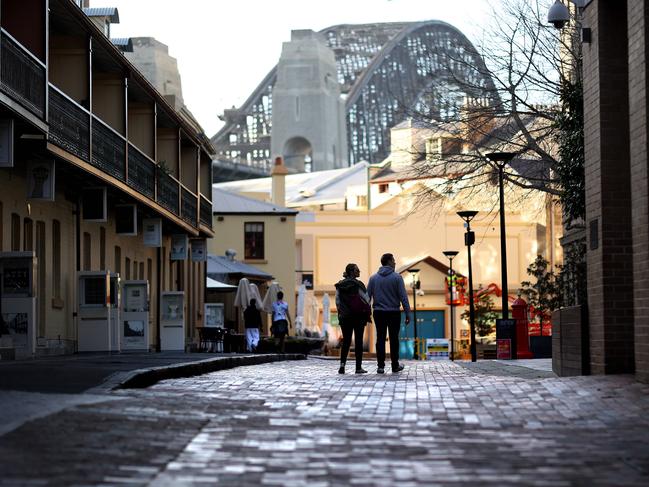 Normally a tourist hot spot, The Rocks is still deserted. Picture: Phil Hillyard