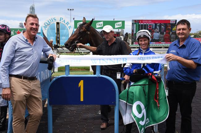 Connections of Ligreb, who won Saturday’s Maiden Handicap (1100m). Picture: Steve Holland.