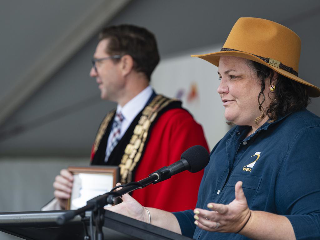 The Moo Baa Munch event, run by AgForce School to Industry Partnership Program, is named the Toowoomba Community Event award recipient, representing AgForce is Kelllie Blinco at Toowoomba Australia Day celebrations at Picnic Point, Sunday, January 26, 2025. Picture: Kevin Farmer