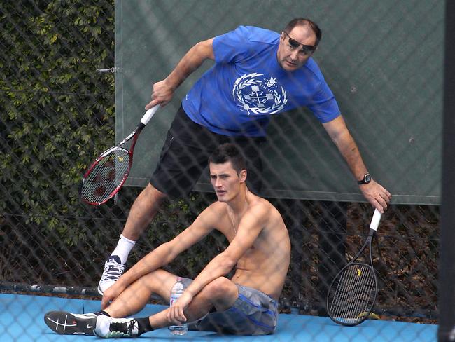 Bernard Tomic training with father John Tomic. Picture: Richard Gosling