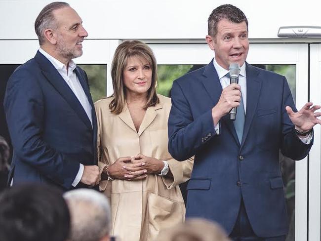 Hillsong senior pastors Brian and Bobbie Houston with then premier Mike Baird at the opening of the Epicentre in Baulkham Hills in 2016. Picture: Hillsong