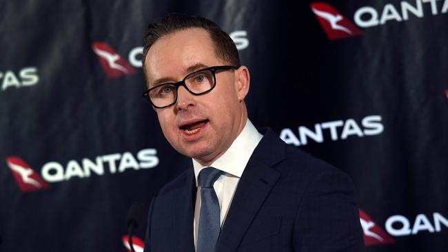 Alan Joyce announces Qantas’s half-year results in Sydney yesterday.