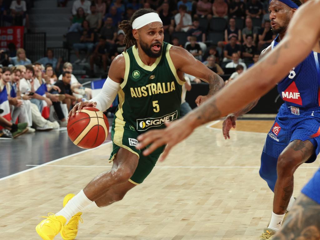 Patty Mills in action during the Paris Olympic 2024 practice match in Orleans, France. Pics Adam Head