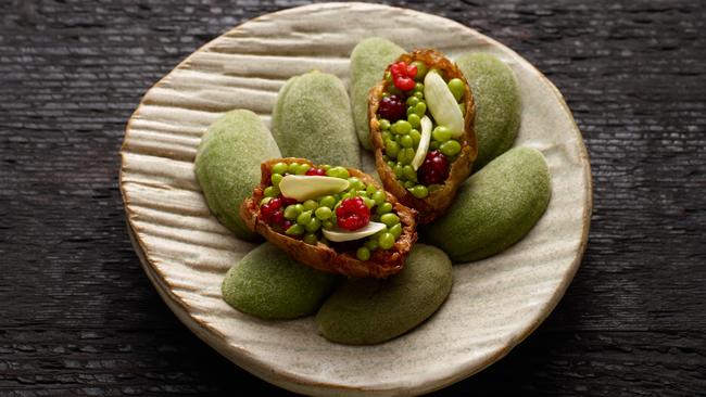 Brae's Jerusalem artichoke, tear drop peas, green almond and raspberries. Picture: Colin Page