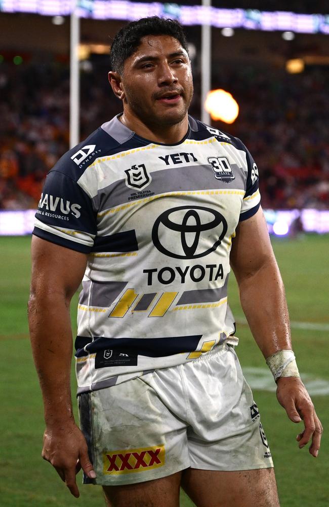 Jason Taumalolo of the Cowboys reacts after the round nine NRL match between the New Zealand Warriors and North Queensland Cowboys at Suncorp Stadium on May 03, 2025, in Brisbane, Australia. (Photo by Hannah Peters/Getty Images)