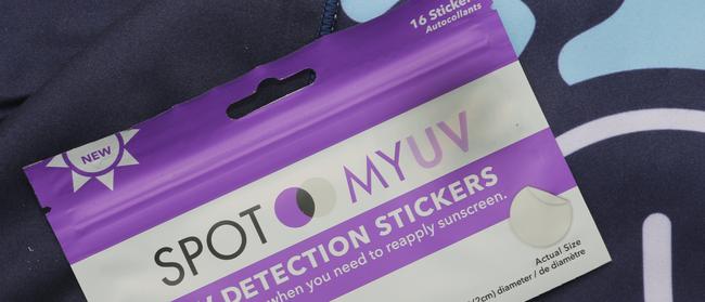 Suncayr has bought to the Gold Coast a new sticker worn to detect the level of UV rays on your skin. It goes on clear, is water resistant, and when your sunscreen wears off you are alerted with the patch turning purple. Picture Glenn Hampson