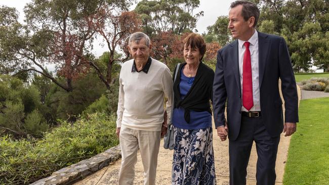 Premier Mark McGowan shows his parents, Mary and Dennis, around Kings Park in Perth on the eve of the state election. Picture: NCA NewsWire/Tony McDonough