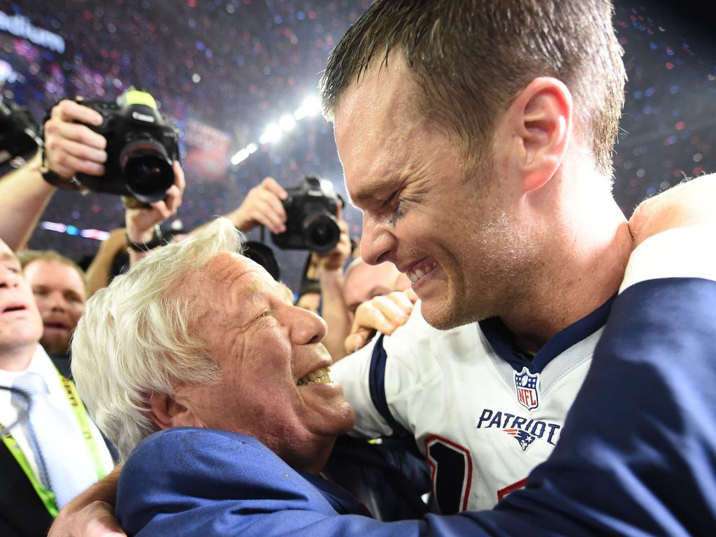 New England Patriots owner Robert Kraft and Tom Brady of the New England Patriots celebrate Super Bowl victory. Picture: Timothy A. Clary/AFP