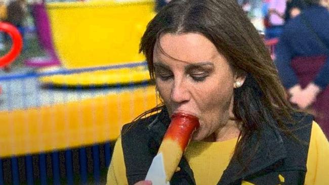 Jacqui Lambie enjoying a dagwood dog