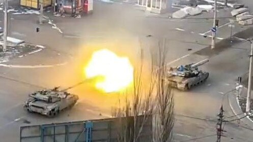 Ukrainian tanks firing at Russian forces on the streets of the besieged port city Mariupol.