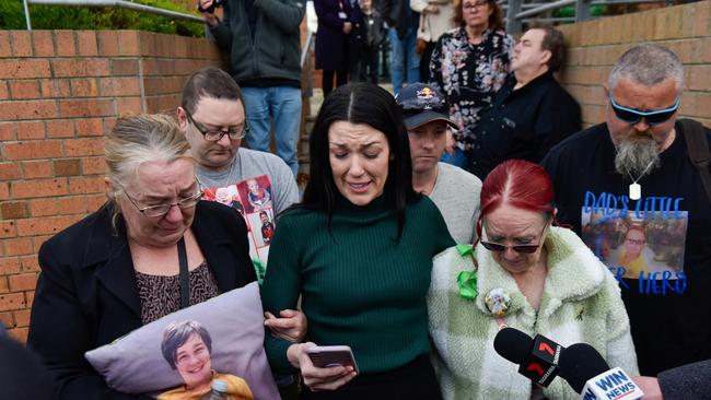 Hillcrest Primary School jumping castle tragedy verdict. Mother of victim Zane Mellor Georgie Burt addresses the media alongside family outside the Devonport Magistrates Court. Picture: Brodie Weeding