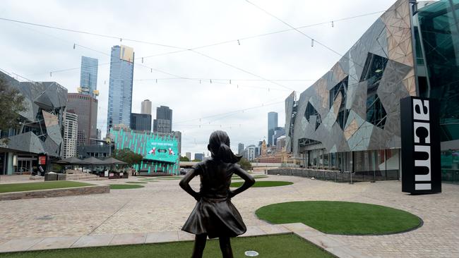 One of Melbourne’s tourist drawcards, Federation Square, is deserted during the latest COVID lockdown. Picture: Andrew Henshaw