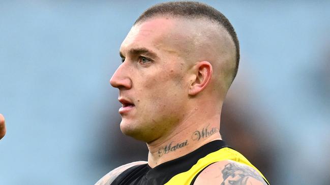 MELBOURNE, AUSTRALIA - MAY 06: Dustin Martin of the Tigers celebrates kicking a goal during the round eight AFL match between Richmond Tigers and West Coast Eagles at Melbourne Cricket Ground, on May 06, 2023, in Melbourne, Australia. (Photo by Quinn Rooney/Getty Images)