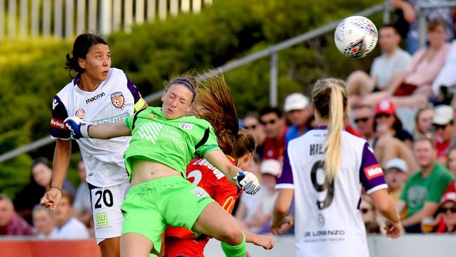 Sam Kerr of Perth Glory scores against Adelaide United at Marden in December. Picture: AAP Image/Sam Wundke