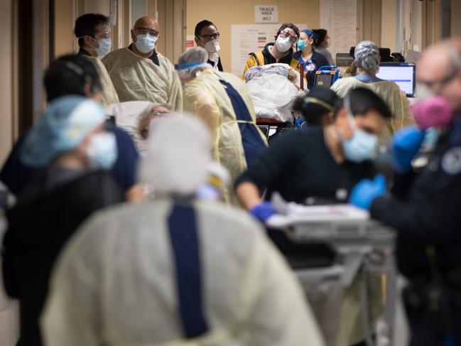 A bustling hallway in the emergency department at Mount Sinai South Nassau hospital due to coronavirus (COVID-19) patients in Oceanside, New York. Picture: AFP