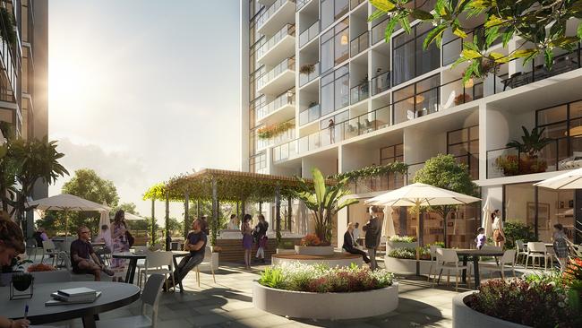 An artist’s impression of a sky park and barbecue area in the West Franklin apartment development in Adelaide West End. The complex is one of several apartment blocks under construction.