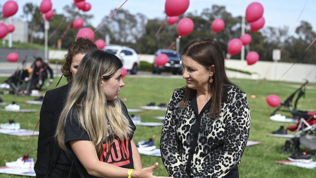 Rally organiser Noy Miran met with senator Jacqui Lambie at the ‘bring them home’ vigil outside Parliament House. Picture: NCA NewsWire / Martin Ollman