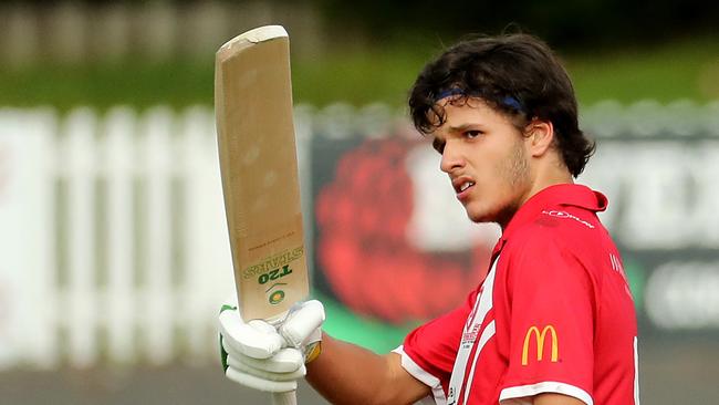 SYDNEY, AUSTRALIA - JANUARY 23: Sam Konstas of St George celebrates his century during the quarter final Green Shield match between St George DCC and Penrith DCC at Hurstville Oval in Sydney on Sunday, January 23, 2022 (Photo by Jeremy Ng / Newscorp Australia)