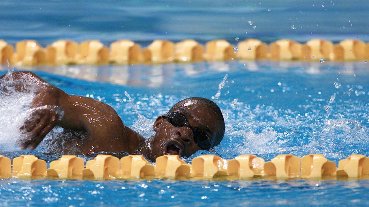 Eric Moussambani from Equatorial Guinea almost sank when he swam in the 100m freestyle heat at the Sydney Olympic Games, clocking a time of 1:52.72. He had never been in a 50m pool before and his brave efforts earning him the affectionate nickname Eric the Eel. Picture: Brett Faulkner