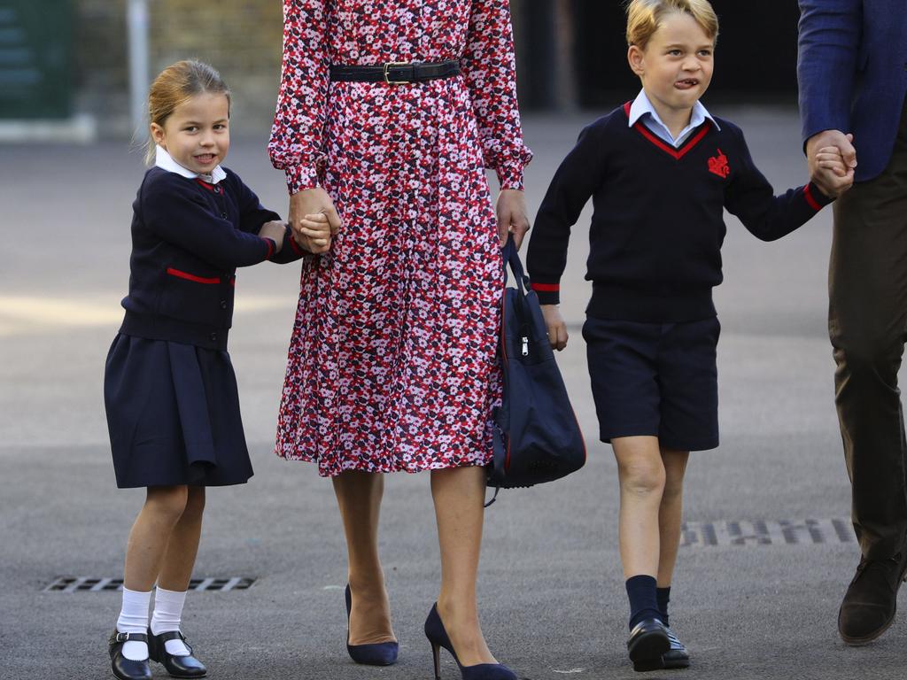 Britain's Princess Charlotte, left, with her brother Prince George and their parents Prince William and Kate, Duchess of Cambridge, arrives for her first day of school at Thomas's Battersea in London, Thursday Sept. 5, 2019. Picture: Aaron Chown/Pool via AP