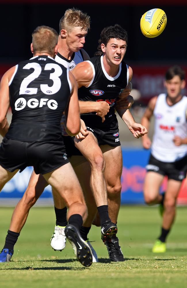 Young key forward Todd Marshall puts the shackles on Darcy Byrne-Jones. Picture: Tom Huntley