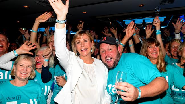 Ms Steggall with supporters on the northern beaches. Picture: Dylan Coker