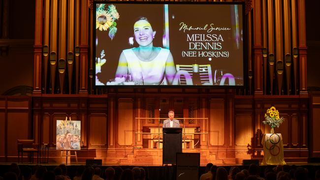 Friends and family attend a memorial service for Ms Hoskins at Adelaide Town Hall in February. Picture: ABC / Brant Cumming