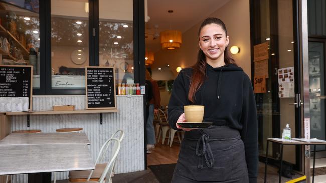 Mya Khawam at Evolve cafe, in Wahroonga. She is an 18 year old cafe manager who started working there at 15 and now manages it from Tuesday until Saturday. Picture: Justin Lloyd