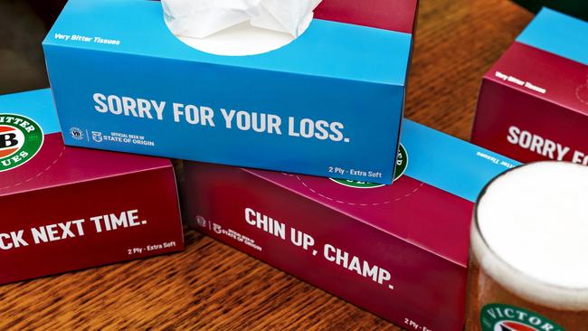 VB's Very Bitter Tissues which are available for State of Origin game one. Picture: Supplied.