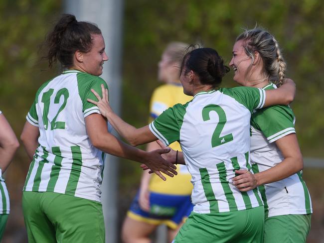 Brisbane Women's Premier League football Round 1 Southport vs Broadbeach United at Ashmore Village Park.  Southport's Shelby White (R) celebrates a goal. (Photo/Steve Holland)