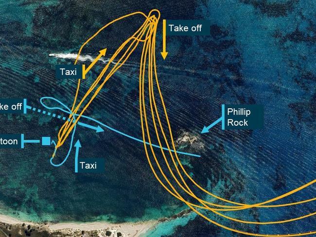 ATSB preliminary report into the collision with water of a Cessna Caravan float plane at Rottnest Island, WA, on 7 January 2025.  Recorded departure tracks for VH-WTY within Thomson Bay displaying the difference between the accident flight and the previous flights. Picture:  Google Earth, annotated by the ATSB